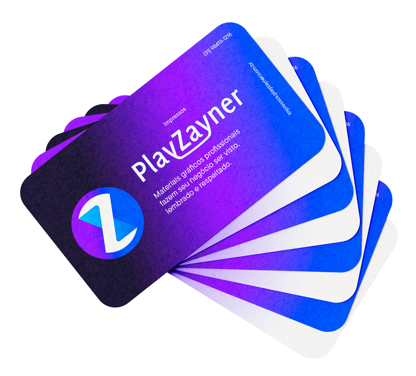 Cartoes de visita PlayZayner impressos, dispostos em leque