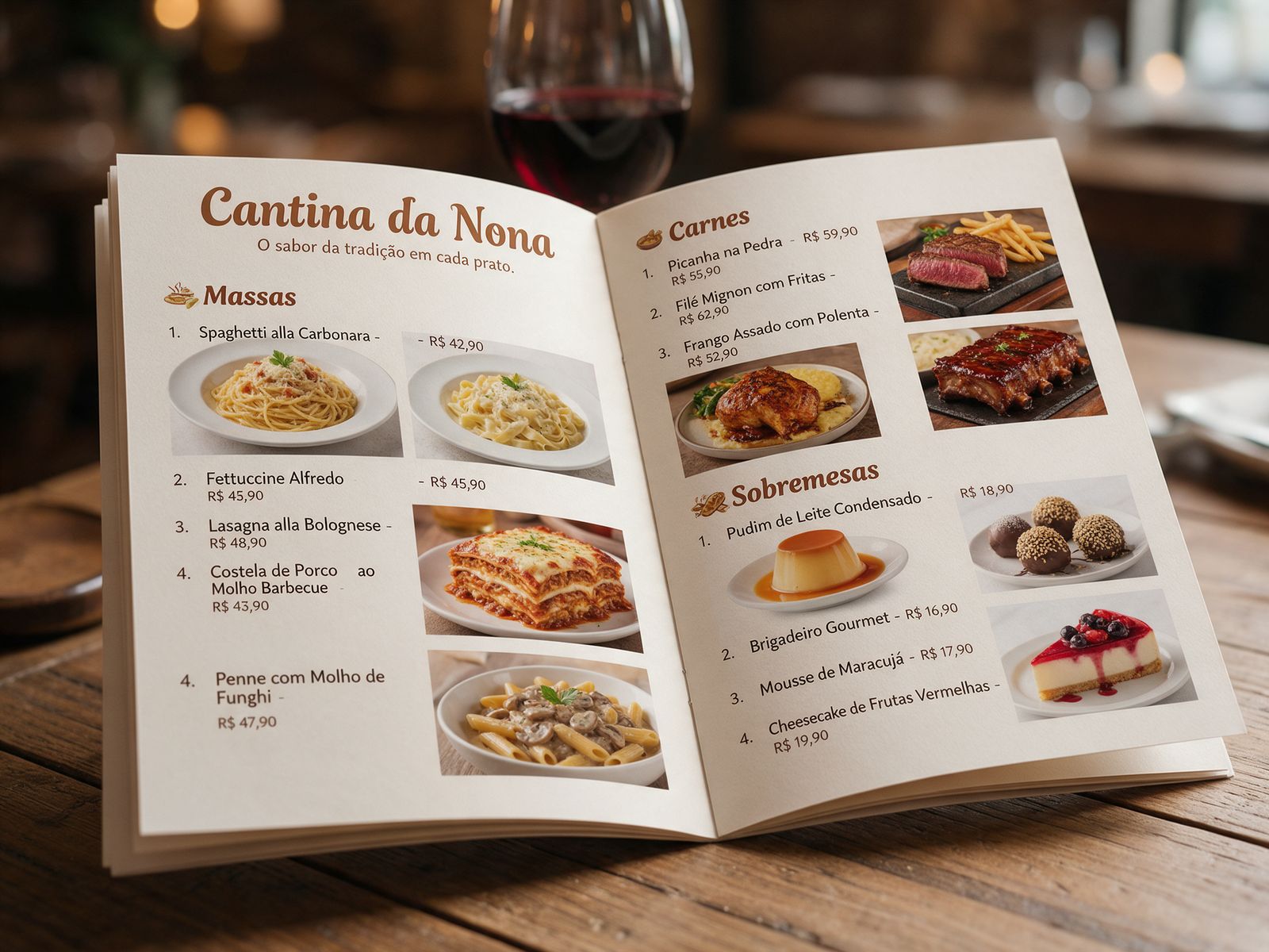 Cardápio impresso de cantina aberto sobre mesa de madeira