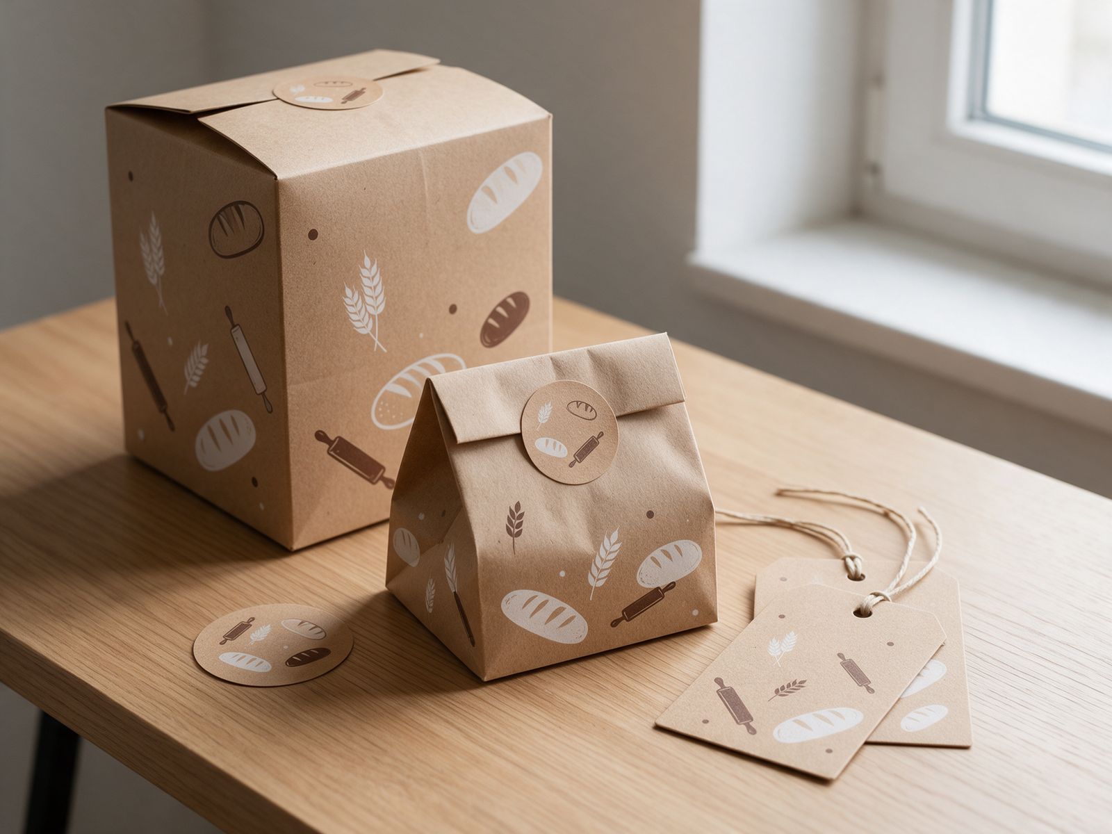 Caixas e sacos kraft personalizados com tags para confeitaria