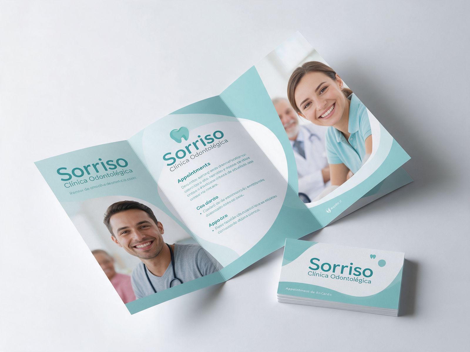 Folder de três dobras e cartões de clínica odontológica