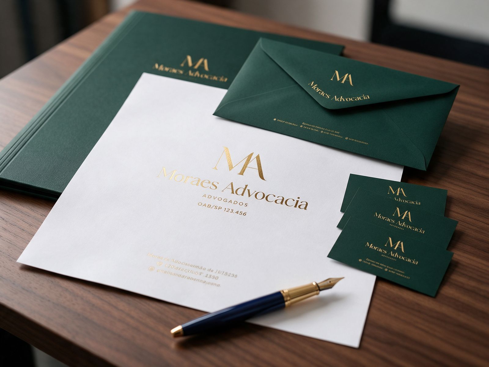 Papel timbrado, envelopes e cartões de visita de escritório de advocacia