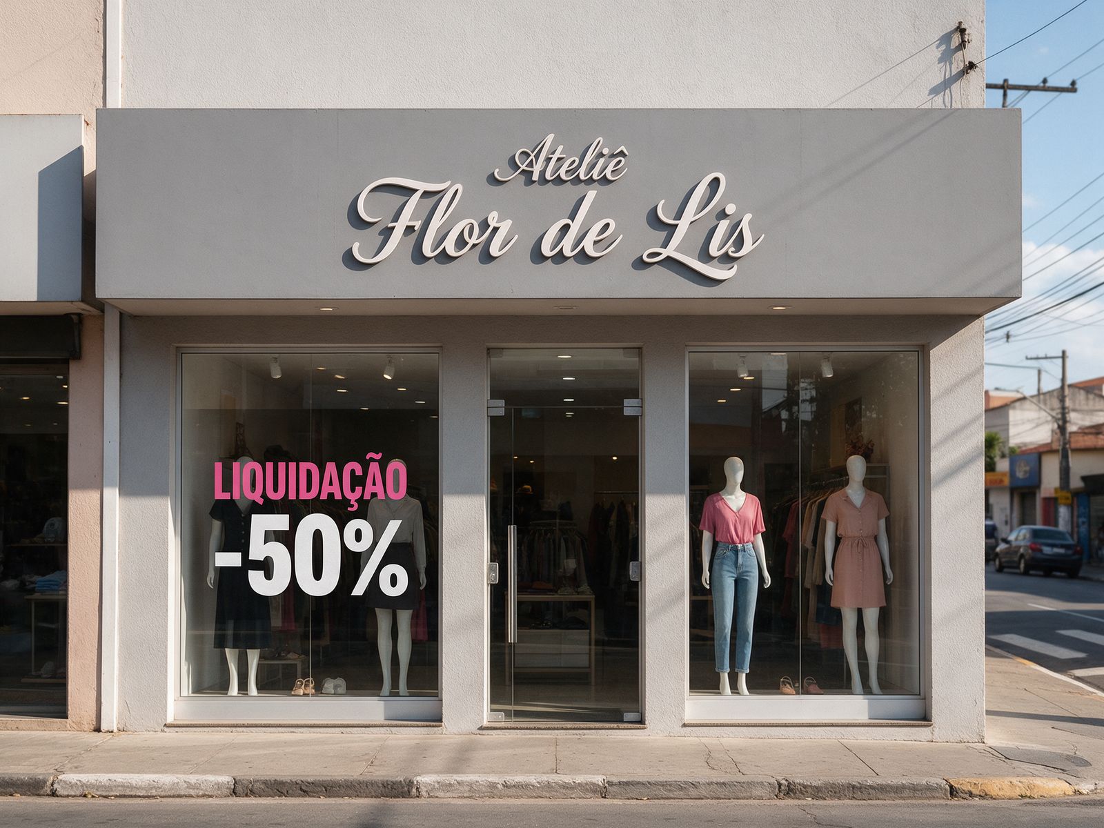 Fachada de loja de roupas com adesivos de liquidação na vitrine