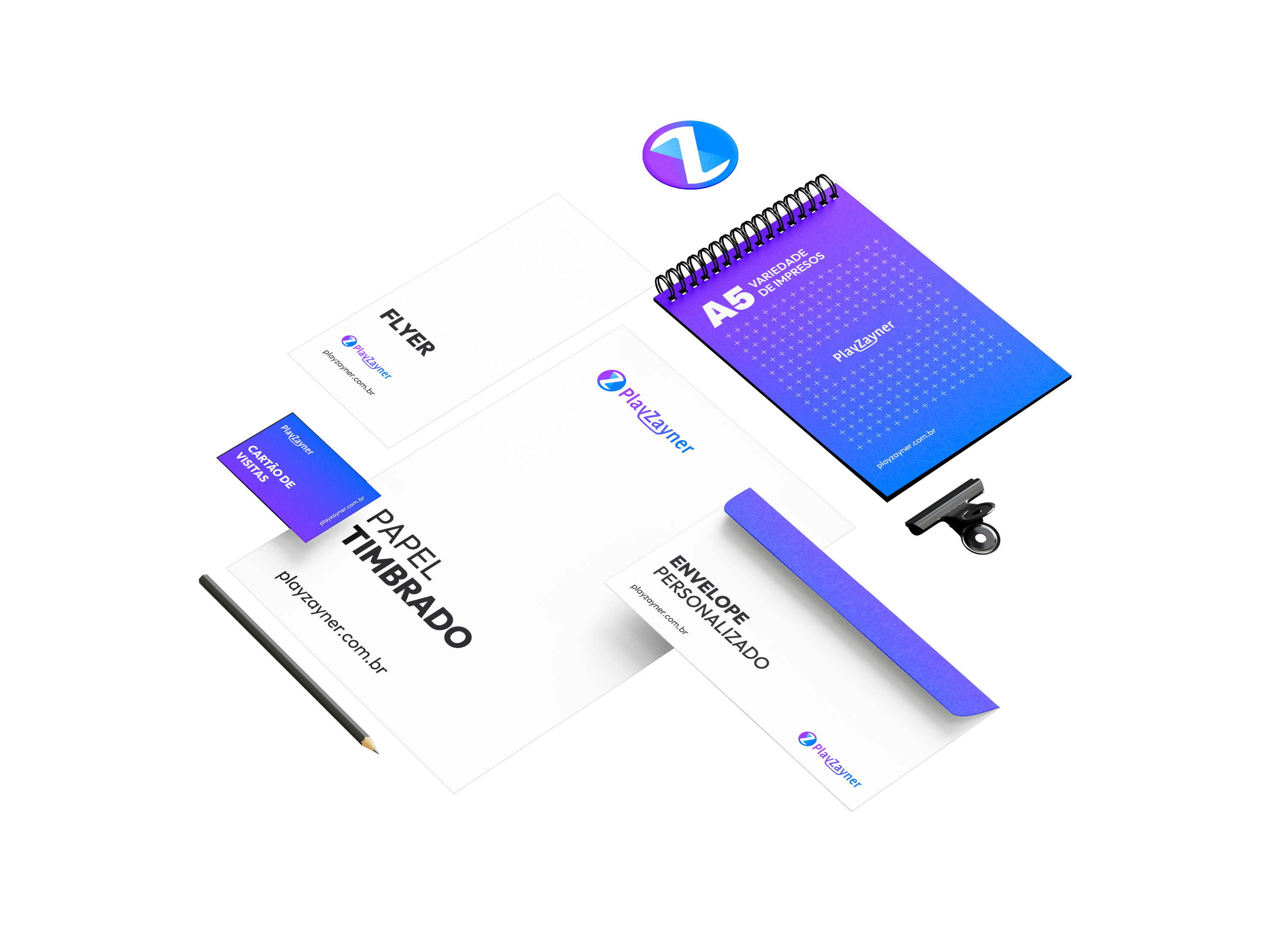 Materiais gráficos profissionais Playzayner — flyers, cartões de visita, papel timbrado, envelope e caderno
